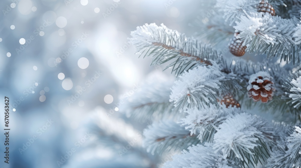 Poster a close up of a pine tree with snow on it and a pine cone on the top of the tree. generative ai