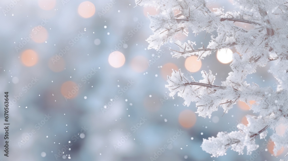 Poster a close up of a snow covered tree branch with a blurry background of snow flakes in the background. 