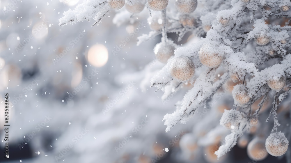 Poster a close up of a snow covered tree branch with balls hanging from it's branches and snow flakes on th