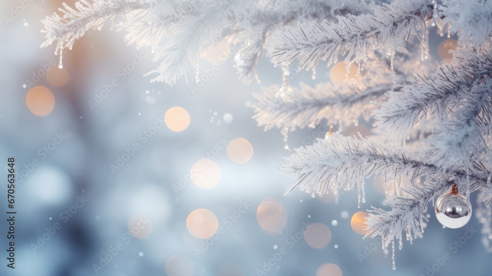 Aufkleber a close up of a pine tree with snow on it and a blurry background of boke of lights. generative ai