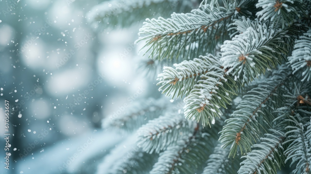 Poster a close up of a pine tree with snow falling off of it's branches and a blurry background. generative