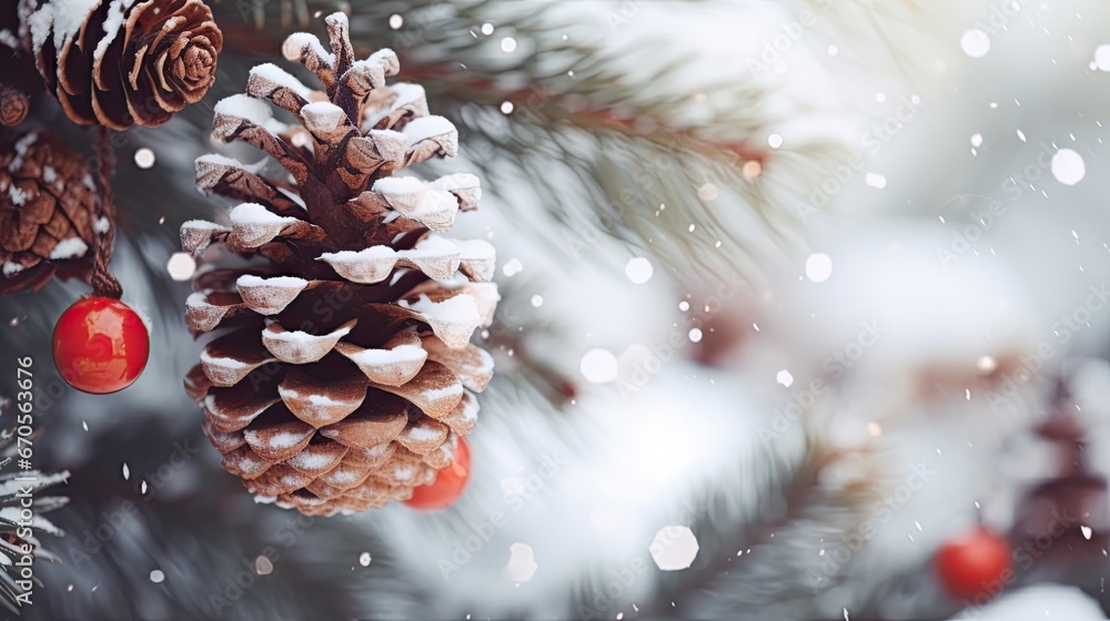Poster a pine cone hanging from a pine tree with a red ornament hanging from it's branch in the snow. gener