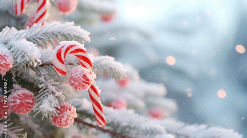 Poster a close up of a christmas tree with candy canes on it's branches and snow on the branches. generativ