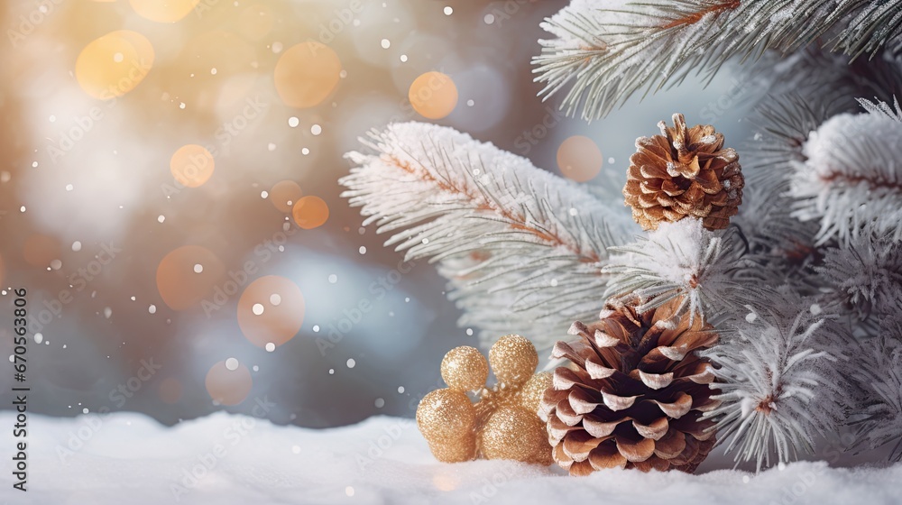 Aufkleber a pine cone sitting next to a pine cone on a snow covered tree branch with a boke of lights in the b
