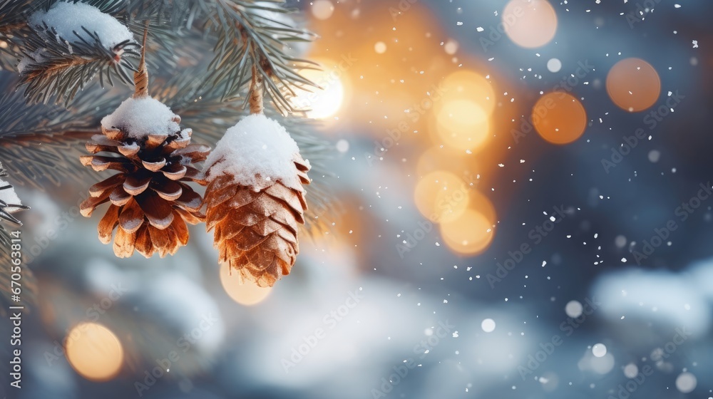 Poster a close up of a pine cone on a pine tree in the snow with a boke of lights in the background. genera