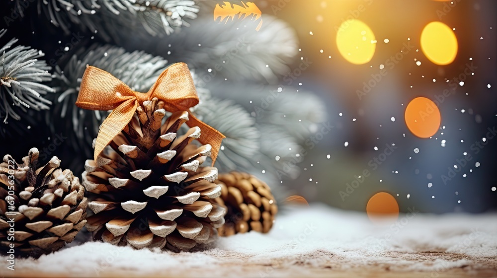 Poster a close up of a pine cone with a bow on top of it in the snow with christmas lights in the backgroun