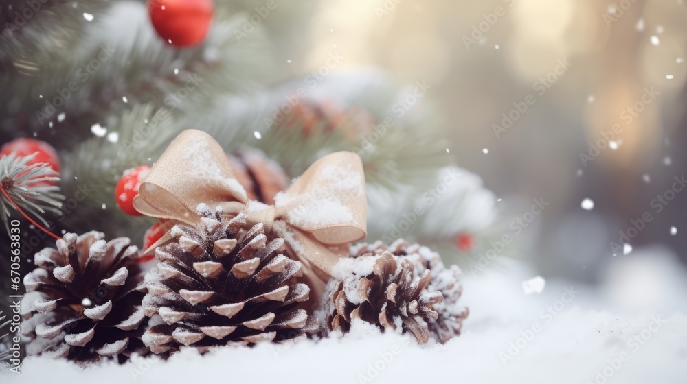 Poster a close up of a pine cone with a bow on it and a pine cone with a bow on it. generative ai