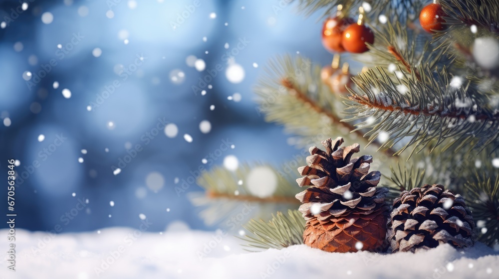 Poster a pine cone sitting on top of a snow covered ground next to a pine tree with red berries on it. gene