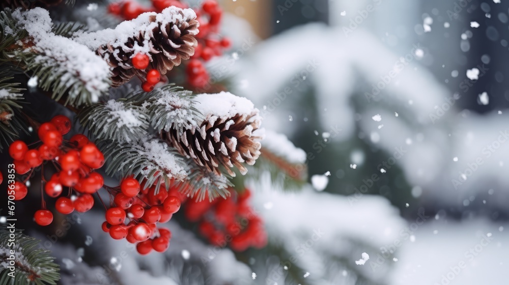 Poster a close up of a pine tree with red berries and a pine cone on top of it in the snow. generative ai