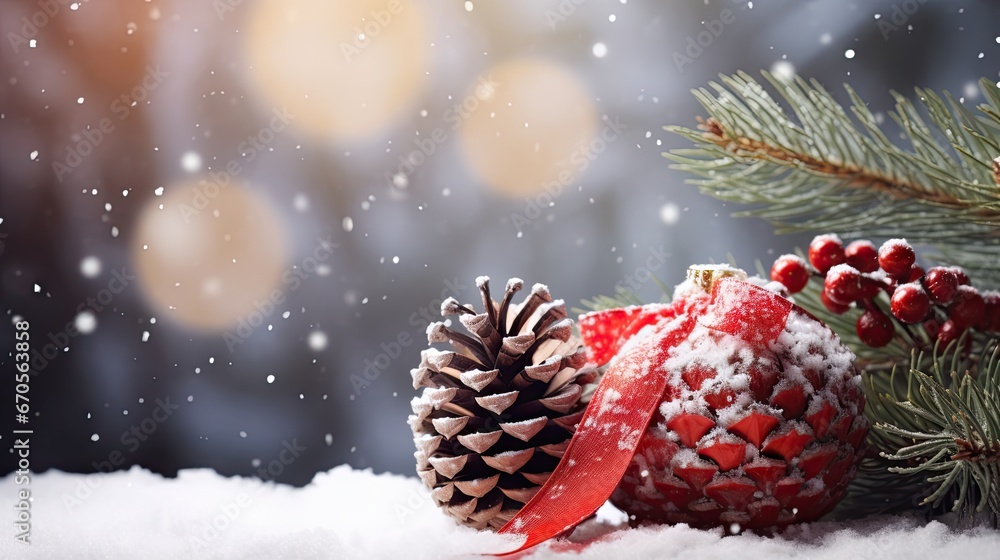 Poster a pine cone sitting on top of a pile of snow next to a pine cone with a red ribbon on it. generative