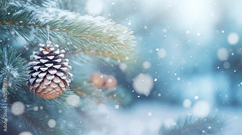 Poster a pine cone sitting on top of a pine tree branch in the snow with snow flakes on the branches. gener