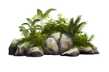 Cutout rock surrounded by plants. Decorative shrub for landscaping isolated PNG