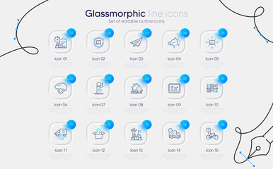 Set of Dog leash, Gps and Packing things line icons for web app. Delivery report, Send box, Paper plane icons. Parking place, Ambulance transport, Delivery man signs. Bike, Flag. Vector