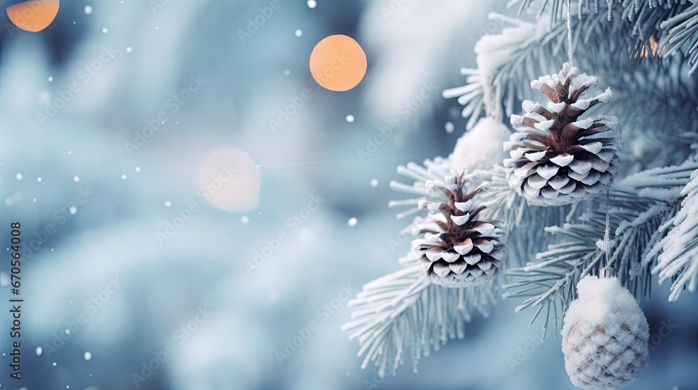 Poster a close up of a pine cone on a pine tree with snow flakes and boke of lights in the background. gene