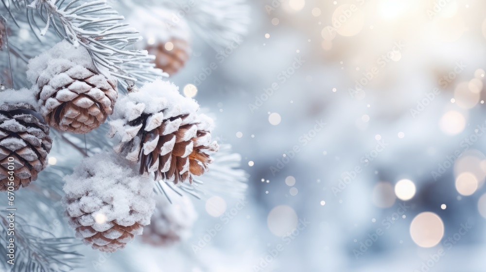 Poster a close up of a pine cone on a branch of a tree covered in snow with a boke of lights in the backgro