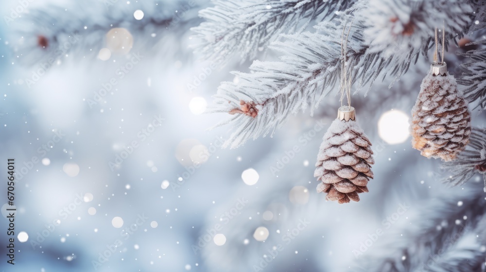 Poster a close up of a pine cone ornament hanging from a pine tree with snow flakes on it. generative ai