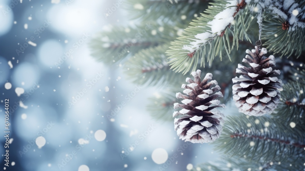 Poster a pine cone hanging from a pine tree in the snow with snow flakes on the branches and snow flakes on