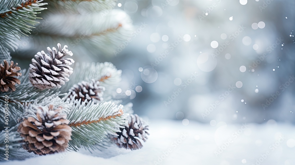 Poster a close up of pine cones on a pine tree in the snow with a boke of snowflakes in the background. gen