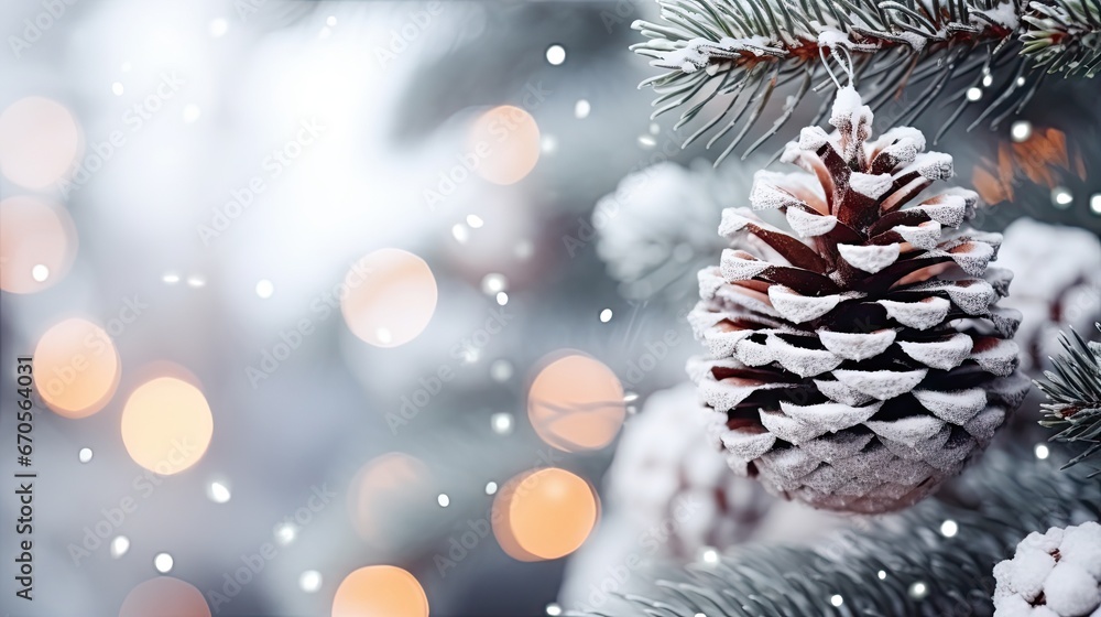 Poster a close up of a pine cone on a pine tree with a blurry background of boke of lights. generative ai