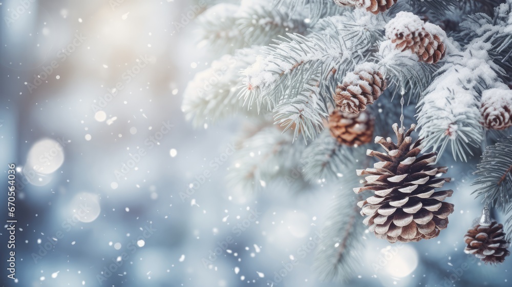 Poster a close up of a pine cone on a branch of a tree in the snow with a blurry background. generative ai