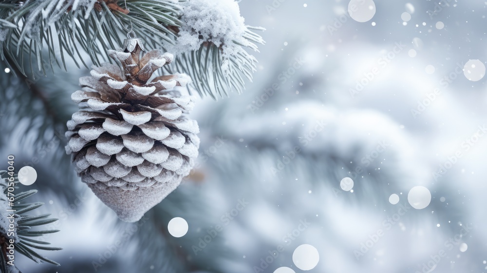 Poster a pine cone ornament hanging from a pine tree with snow falling on it and boke of lights in the back