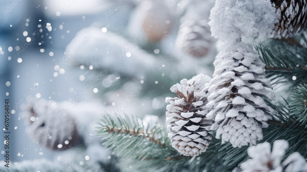 Poster a close up of a pine cone on a pine tree with snow flakes on it and a blurry background. generative 