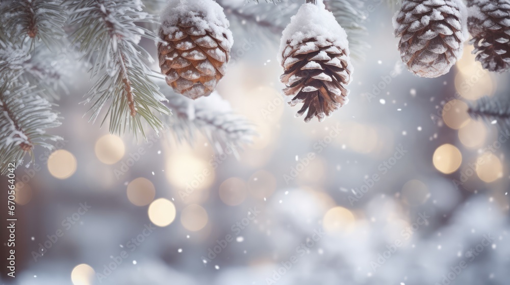Poster a bunch of pine cones hanging from a pine tree with snow on the branches and boke of lights in the b