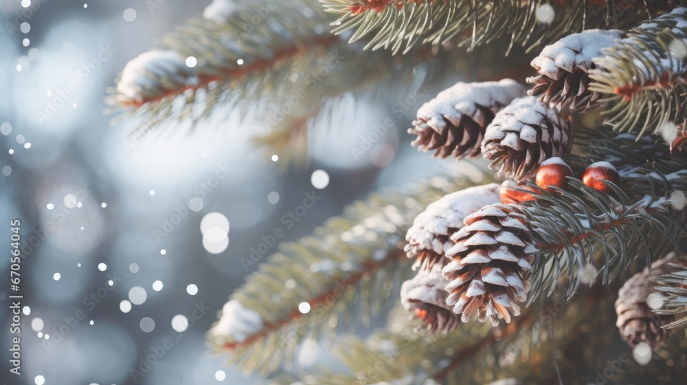 Poster a close up of a pine cone on a pine tree with snow flakes on the needles and a blurry background. ge