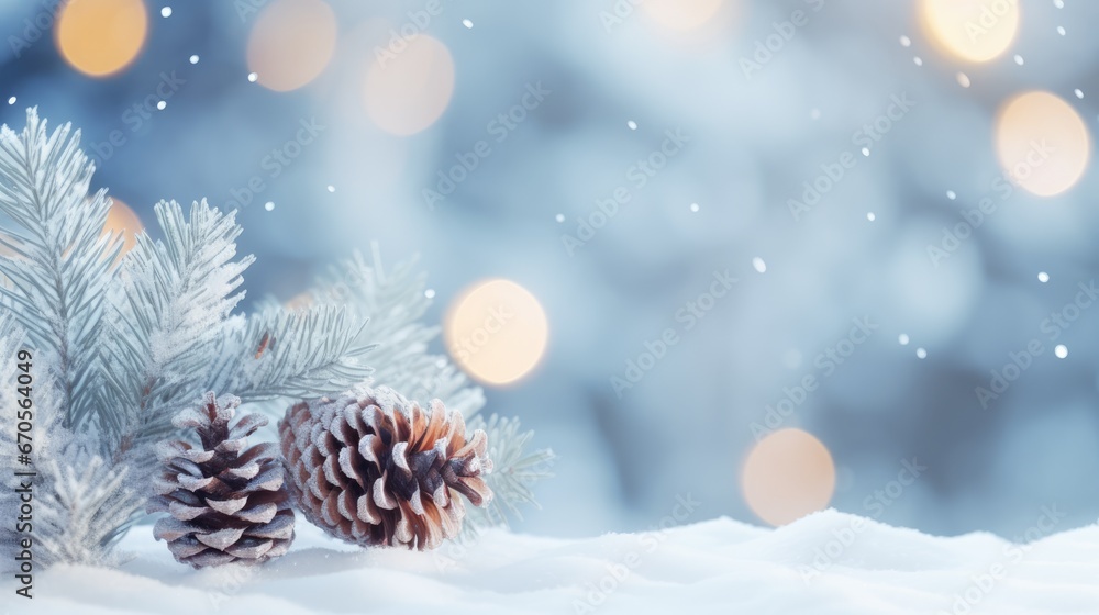Poster a close up of a pine cone on a snowy surface with a blurry background of boke of lights. generative 