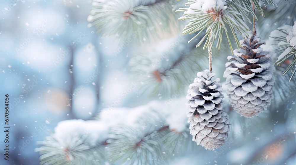 Poster two pine cones hanging from a pine tree branch in the snow with pine cones hanging from a pine tree 