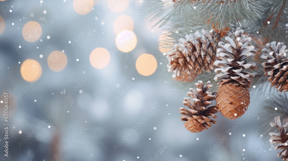 Poster a close up of a pine cone on a pine tree with a blurry background of boke of lights. generative ai