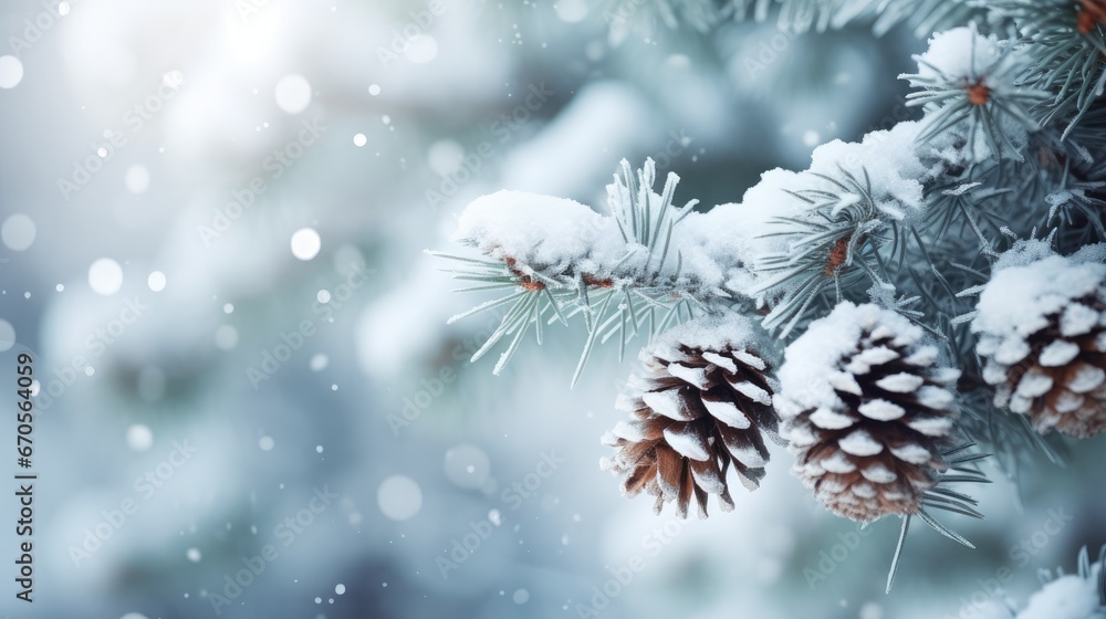 Poster a close up of pine cones on a pine tree with snow on the branches and snow flakes on the branches. g