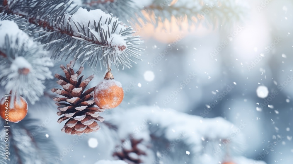 Poster a pine cone hanging from a branch of a pine tree with snow falling on it and a pine cone hanging fro