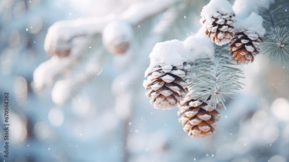 Aufkleber a pine cone hanging from a pine tree in the snow with snow flakes on the branches and pine cones in 