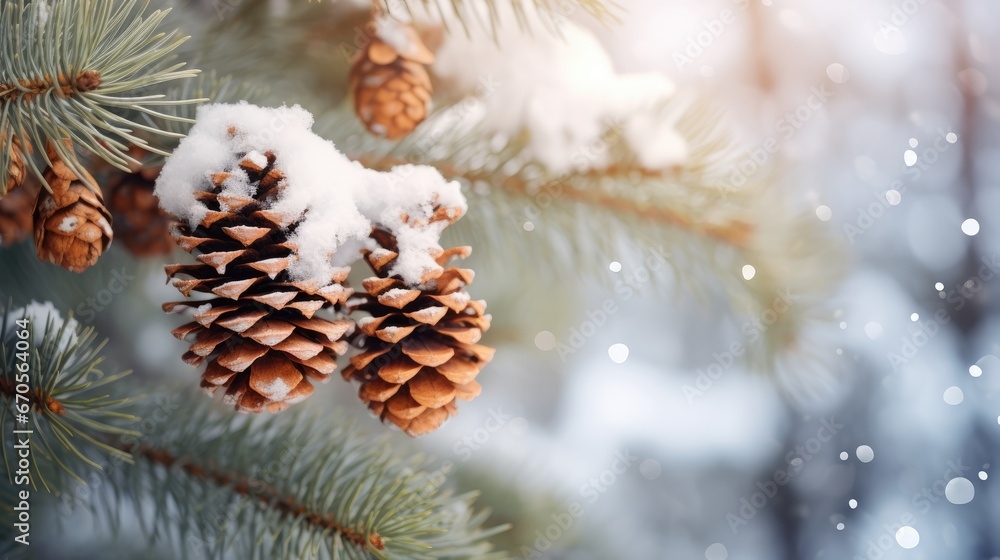Poster a close up of a pine cone on a branch of a pine tree with snow on it and a blurry background. genera