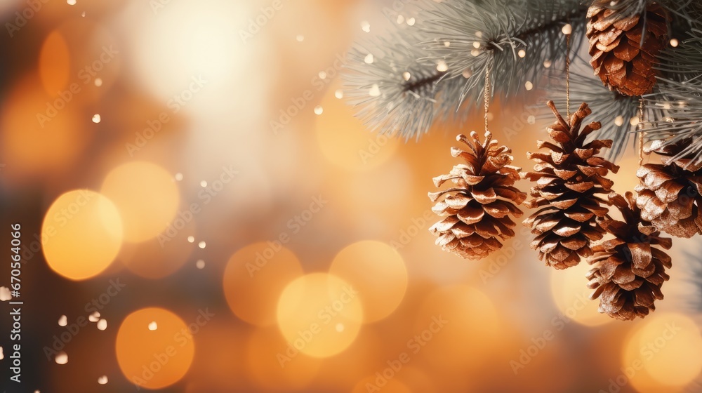 Poster a close up of a pine cone hanging from a pine tree with a boke of lights in the background. generati