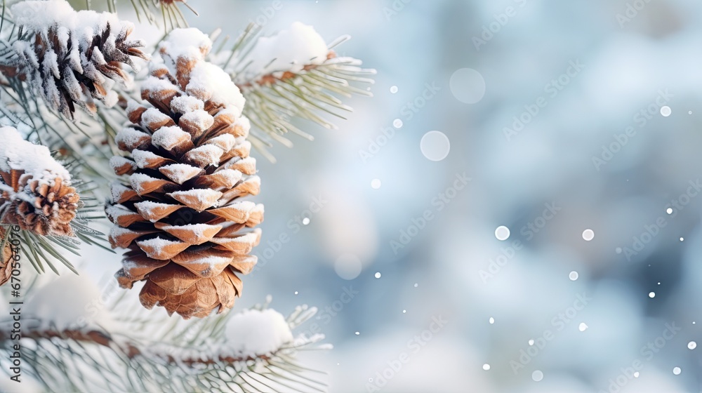 Poster a close up of a pine cone on a pine tree with snow on the branches and blurry in the background. gen