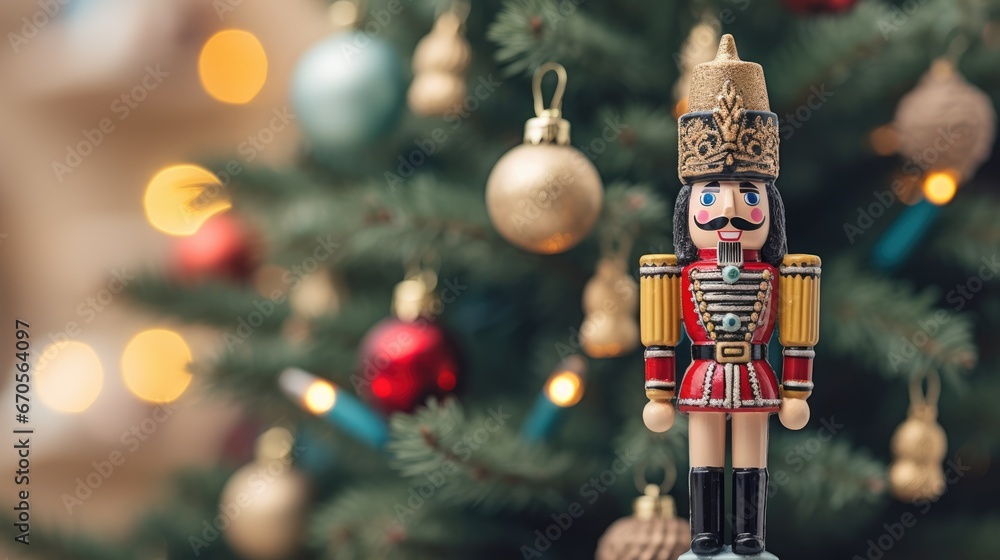Poster a nutcracker toy standing in front of a christmas tree adorned with colorful ornaments and lights, w