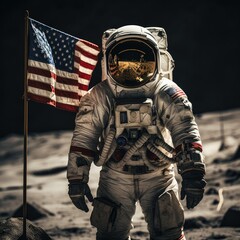 Exploring the Cosmos Space Race and USA Flag and Astronaut Apollo 11 Moonwalk and Star Explorer Concept