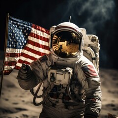 USA Space Traveler on a Journey throughout the Galaxy, Moon Landing and Space Suit Concept
