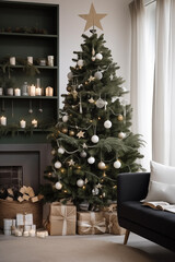 Obraz premium Serene holiday corner with an elegantly decorated Christmas tree and cozy reading nook. Generative AI.