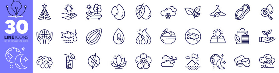 Naklejka premium Water analysis, Potato and Organic tested line icons pack. Lotus, Fishing, Natural linen web icon. Sun protection, Antistatic, Co2 pictogram. Mineral oil, No alcohol, Slow fashion. Vector