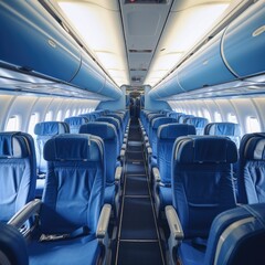 Fototapeta premium Empty Airplane Cabin With Overheat Compartments Closed and Seats Empty