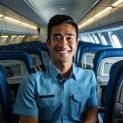 Asian Male Pilot with a Warm Smile in an Empty Airliner