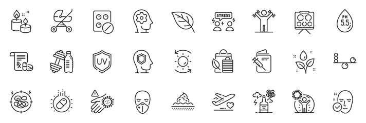 Fototapeta na wymiar Icons pack as Vaccination passport, Baby carriage and Psychology line icons for app include Uv protection, Sun protection, Bio shopping outline thin icon web set. Plants watering, Stress. Vector