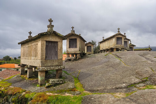 Granaries of Soajo or 'Espigueiros do Soajo' perched on stilts, on granite massif. They were built off the ground to protect food crops from rats and other rodents. Some are still used today. Portugal