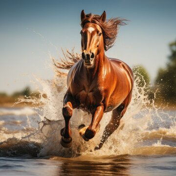 Exhilarating Journey of a Powerful Horse Crossing River in Graceful Motion