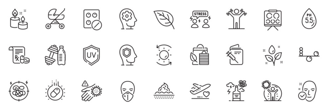 Icons pack as Vaccination passport, Baby carriage and Psychology line icons for app include Uv protection, Sun protection, Bio shopping outline thin icon web set. Plants watering, Stress. Vector