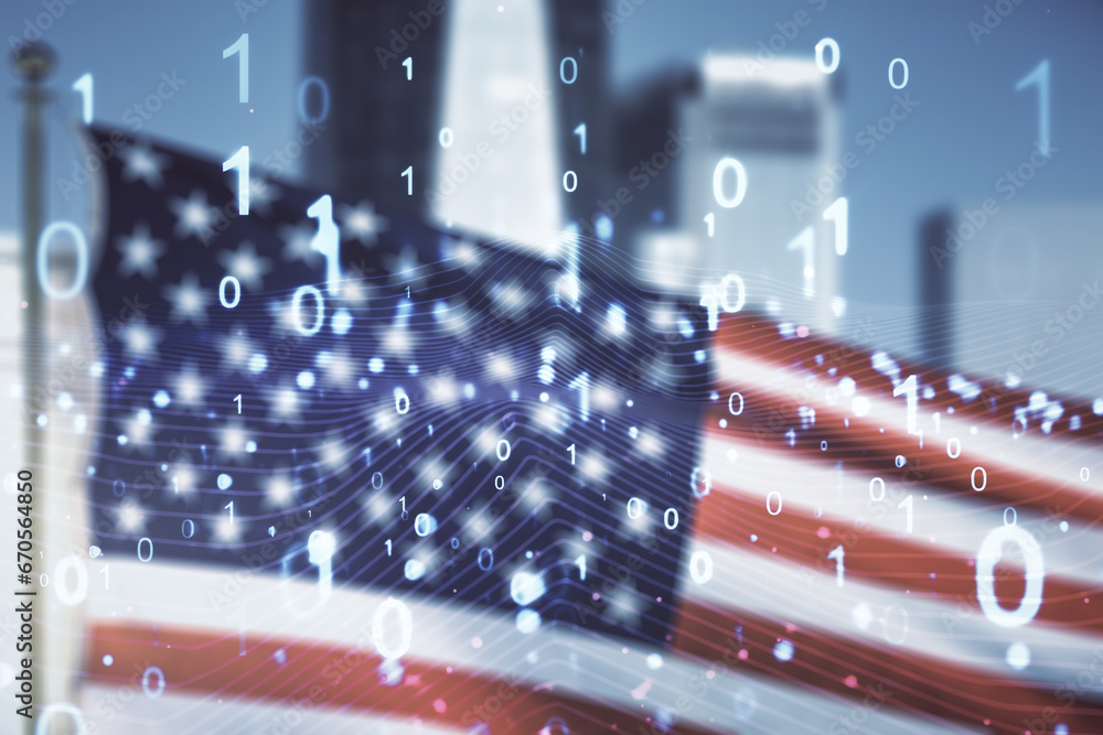 Leinwandbilder Abstract virtual binary code hologram on US flag and skyline background, AI and machine learning concept. Multiexposure