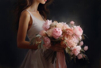 Naklejka premium woman with a bouquet of flowers